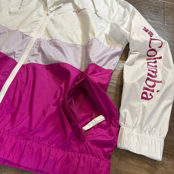 Columbia Women's Colorblock Windbreaker Hooded Jacket White Pink Purple XL - Picture 3 of 8